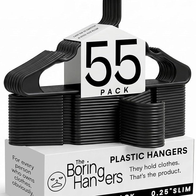 The Boring Hangers Black Plastic Hangers 55 Pack - 10 lb Heavy Duty Black Clothes Hangers for Closet, Space Saving & Slim Plastic Coat Hangers for Shirts Suits Jackets - 0.25" Thin Minimalist Hangers