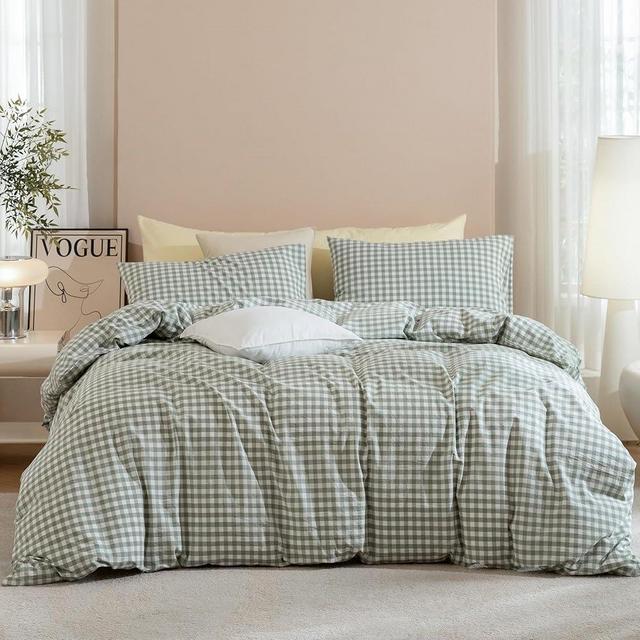 JIYUAN Queen Size Duvet Cover Set, 3-Piece Classic Gingham - 100% Washed Cotton, Linen-Like Soft & Breathable,with Zipper Closure, Includes 90"x90" Inch Cover & 2 Pillowcases,Sage Green/White