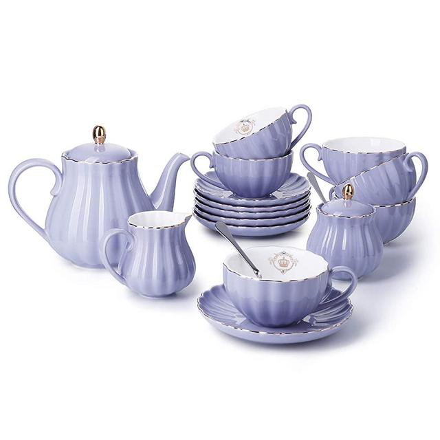 Amazingware Porcelain Tea Set - Tea Cup and Saucer Set Service for 6, with 28 ounces Teapot Sugar Bowl Cream Pitcher Teaspoons and Tea Strainer - for Thanksgiving - Pumpkin Fluted Shape, Purple