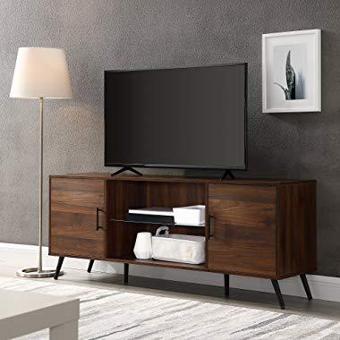 Walker Edison Furniture Company Mid Century Modern Wood Universal Stand for TV's up to 65" Flat Screen Cabinet Door and Shelves Living Room Storage Entertainment Center, 60 Inch, Dark Walnut