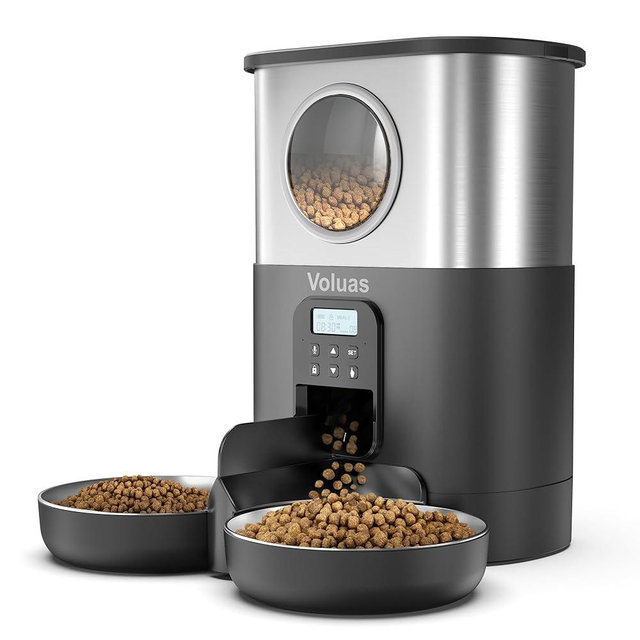 VOLUAS Automatic Cat Feeders for Two Cats,Stainless Steel 5L Pet Feeder for Cats and Dogs Timed Cat Feeder Pet Dry Food Dispenser, Silver Black