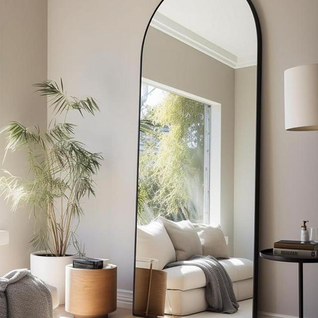TinyTimes Arched Full Length Mirror, Floor Mirror with Stand, Large Full Body Mirror, Arch Wall Mirror, Big Full Size Mirror for Bedroom Living Room, Aluminum Frame, Black, 64"x21"