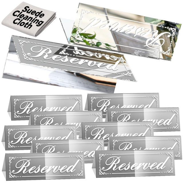 Framokoko 12 Pcs Mirrored Silver Reserved Table Signs, Double-Sided Table Tent Signs with Suede Cleaning Cloth, Reserved for Family Sign for Wedding Restaurant Ceremony Party Banquet Chairs