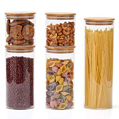 EZOWare Airtight Glass Food Storage Jars Canister/Kitchen Container Set with Natural Bamboo Lids - Set of 5