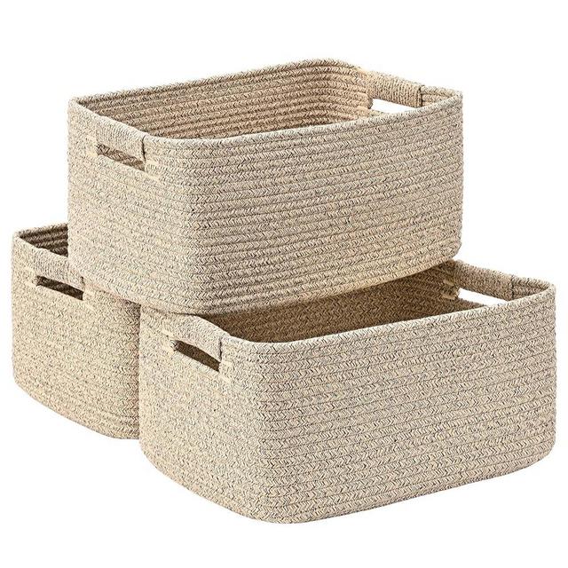 3 Pack Large Storage Basket for Organizing, 17.5"x13.5"x7.5" Woven Basket for Shelves, Closet Cube Storage Bins with Wrapped Handle, Cotton Rope Baskets for Kitchen, Clothes, Toys(Natural)