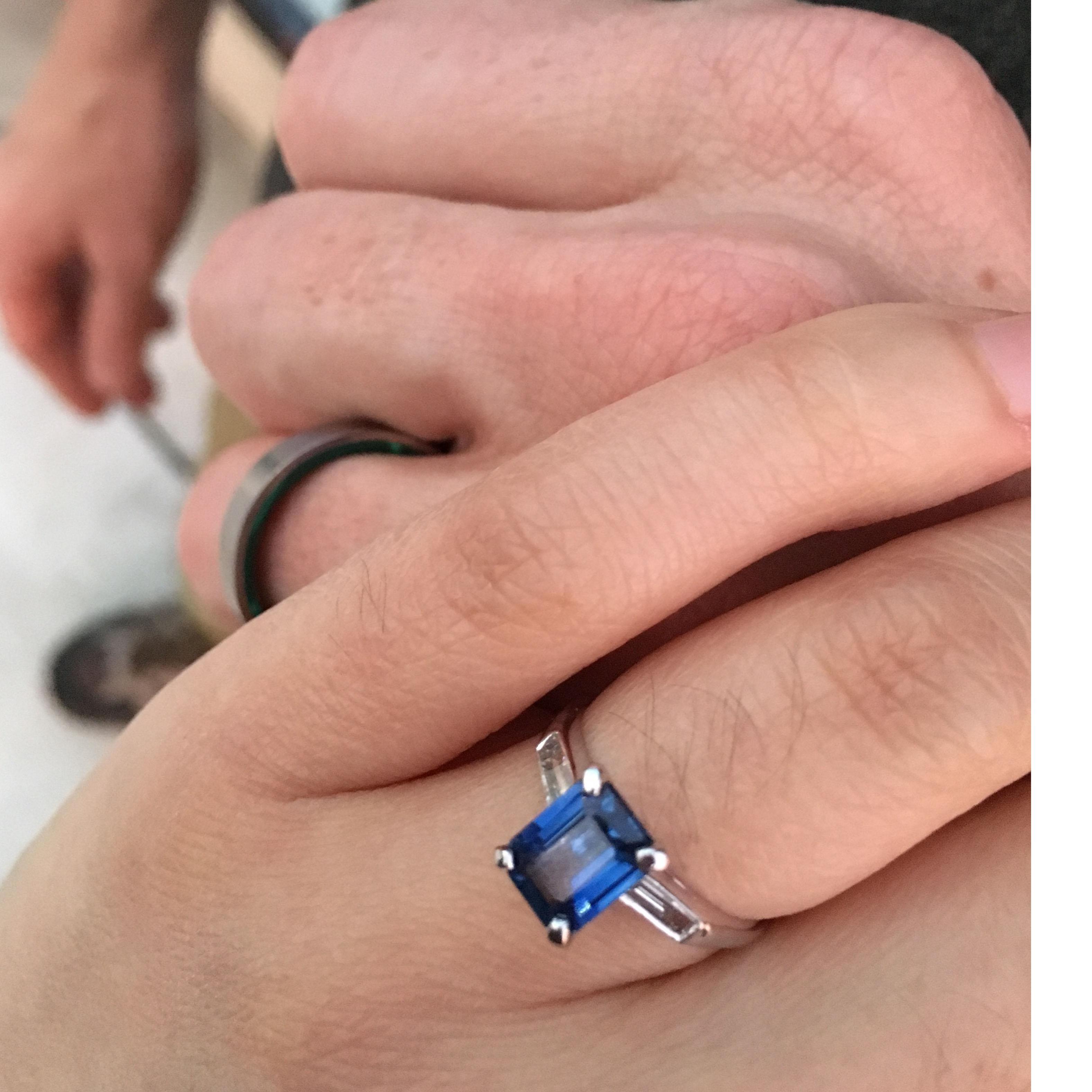 The setting is from Glenn's grandmother's engagement ring, which became Betsy's engagement ring, and is now Amy's.  Glenn's ring is tungsten lined with malachite.