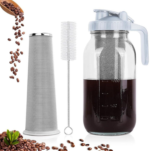 QHH Cold Brew Coffee Maker,64 oz Mason Jar Pitcher with Stainless Steel Filter, Pour Spout Handle Lid, Heavy Duty Glass Airtight & Leak-Proof Pitcher for iced coffee Tea Lemonade-Gray