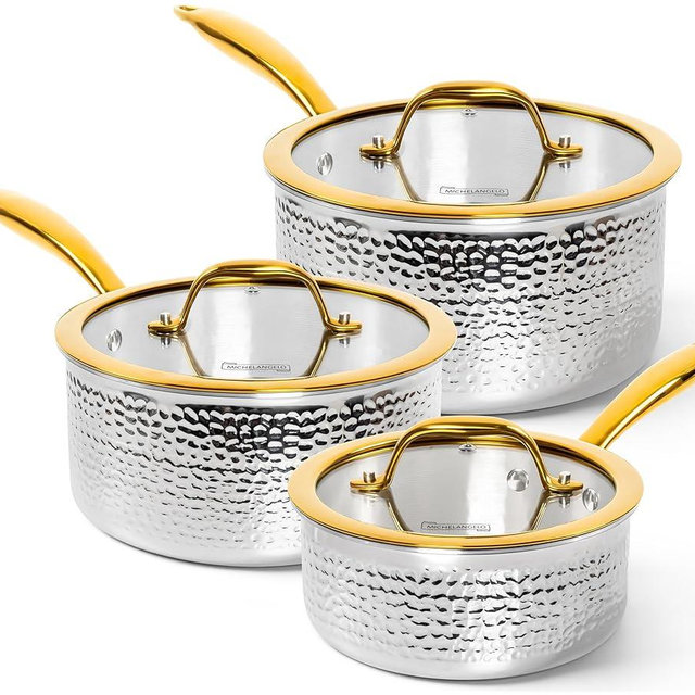 Michelangelo Triply Stainless Steel Saucepan Set, Luxury Hammered Stainless Steel Sauce Pans with Golden Handle, Premium Sauce Pot Set, Induction Compatible
