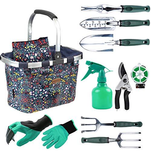 INNO STAGE Garden Tools Set with 11 Pieces Hand Tools for Women, Garden Tools Bag with Heavy Duty Tools, Garden Tool Organizer with Foldable Handle, Gardening Gifts for Mom Thanksgiving Day