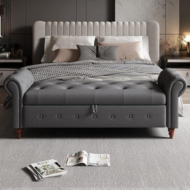 ODUWA 63 Inch Upholstered Tufted End of Bed Storage Bench with Arms,Larger Storage Space, End of Bed Bench for Bedroom Living Room Entryway (Grey-Fabric)