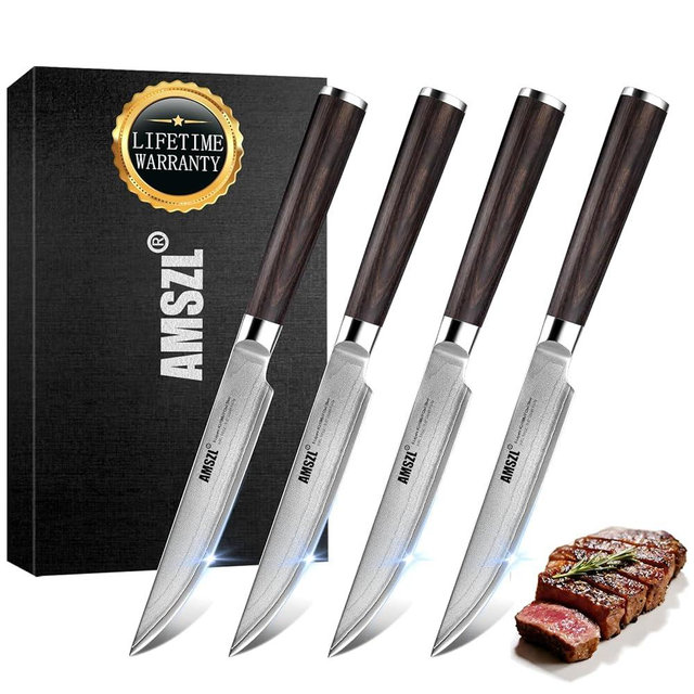 AMSZL Steak Knives Set of 4-5.5" Straight Edge Damascus Steel, Non-Serrated & Rust Resistant - Pakkawood Handle & Full Tang - Premium Gift Box for Steak Dinners, BBQ, Wedding Gifts
