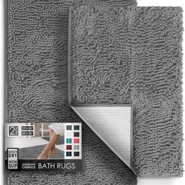 Hearth & Harbor Bathroom Rugs, Chenille Bath Mat - Machine Washable Bath Mats for Bathroom Non-Slip Backing Rubber, Quick Dry Bathroom Mat, 17 x 24 + 20 x 32 - Frost Grey
