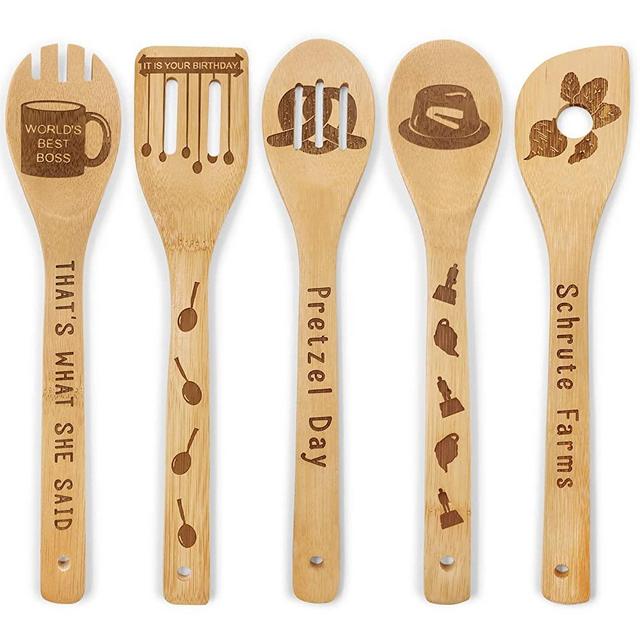 The Office Wooden Spoons Set of 5 - The Office TV Show Merchandise Novelty Kitchen Cooking Utensils Engraved Burned Bamboo Spoons Housewarming Birthday Wedding Gift Idea Funny Kitchen Decor
