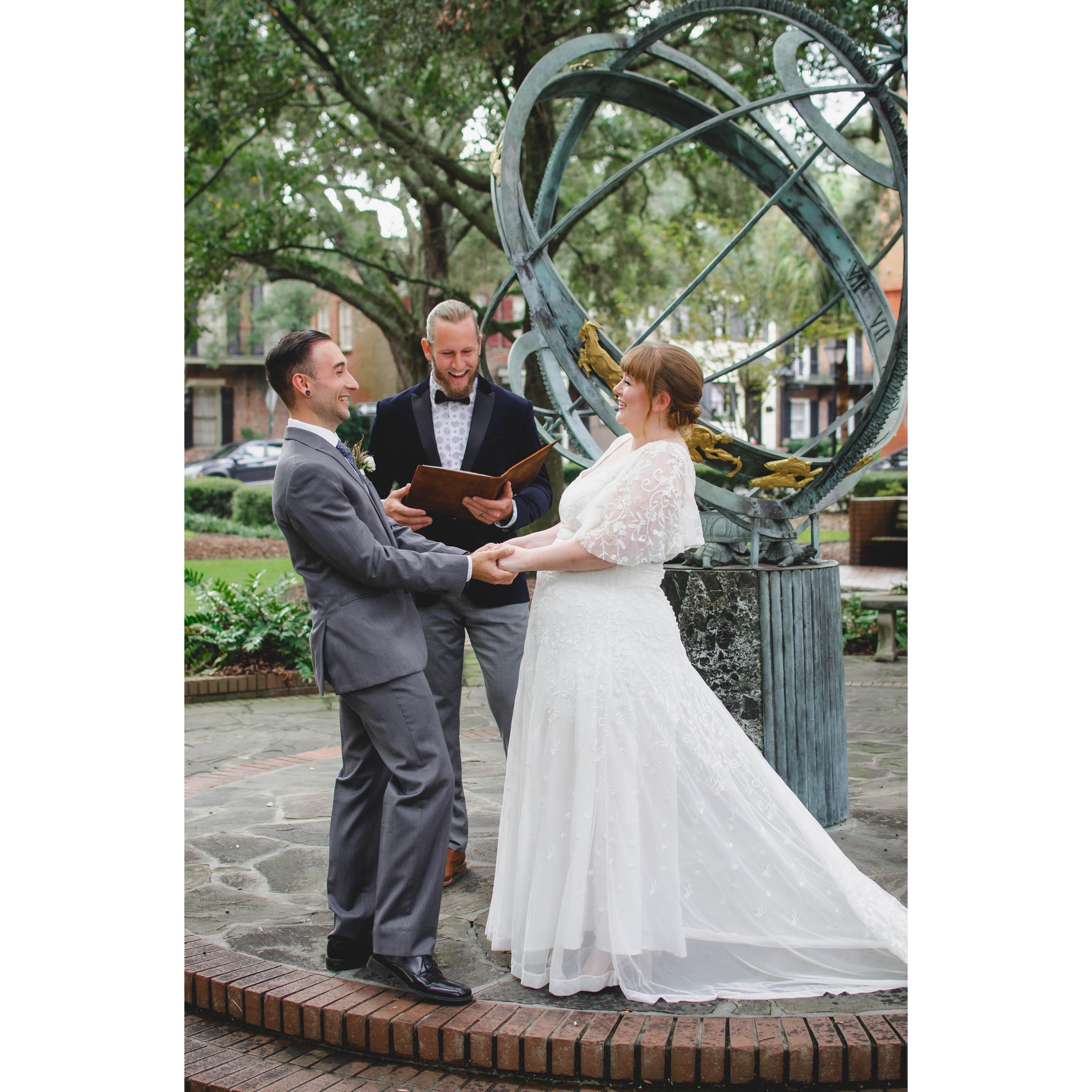 Us giggling and crying our way through our ceremony, officiated by our good friend Shem!