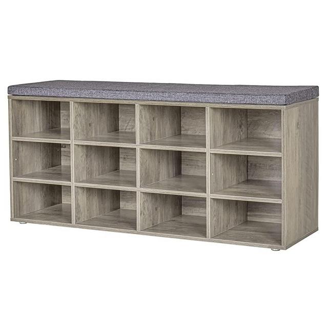 DINZI LVJ Shoe Bench, 12 Cubbies Shoe Organizer for Entryway, Storage Bench with Cushion, Cubby Shoe Rack with Adjustable Shelves for Living Room, Bedroom, Mudroom, Hallway, Grey Wash