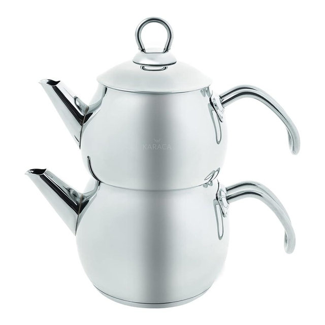 Karaca Belinay Teapot Set Medium Silver, 18/10 Stainless Steel, Teapot/Lid (1 lt, 2.2 lb), Tea Kettle (1.6 lt, 3.5 lb), Suitable for Induction, 2 Years Warranty