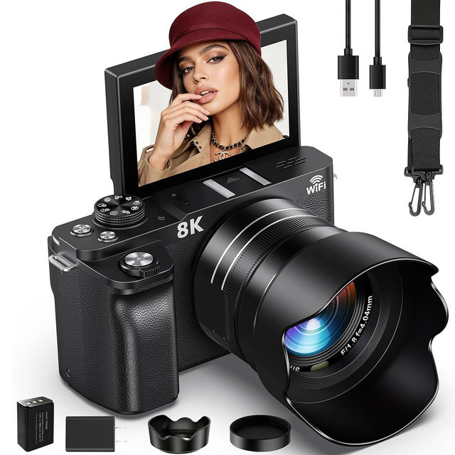 Digital Camera WiFi - 8K 88MP Cameras for Photography - 18X Zoom Vlogging Camera for YouTube with 3" 180° Flip Screen- UHD Autofocus Video Camara with Lens Hood 64GB Card