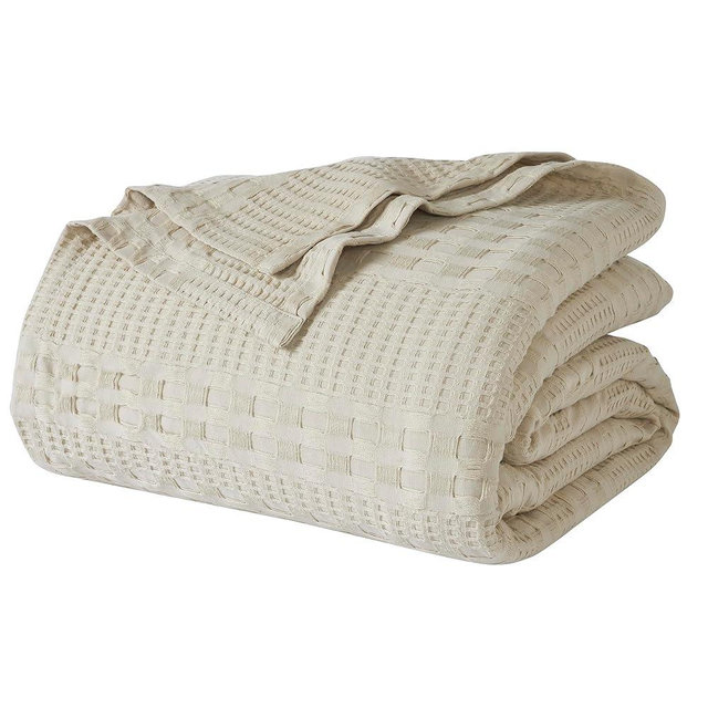 VHC Brands 100% Cotton Waffle Weave Queen Blanket 90"x90", Decorative Lightweight Spring and Summer Throw Blanket, Bedroom Decor for Bed, Couch, or Sofa, Natural