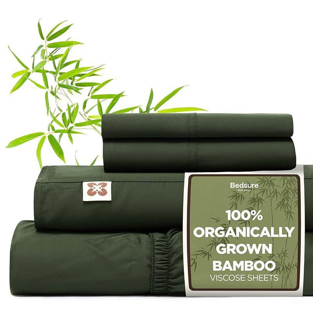 Bedsure 100% Organically Grown Bamboo Viscose Sheets - 18 Inches Deep Pocket Sheets with Elastic Corner, Queen Sheet Set, Ultra-Soft, Silky & Cooling Bedsheets, Oeko-Tex, 4 Pieces, Olive Green