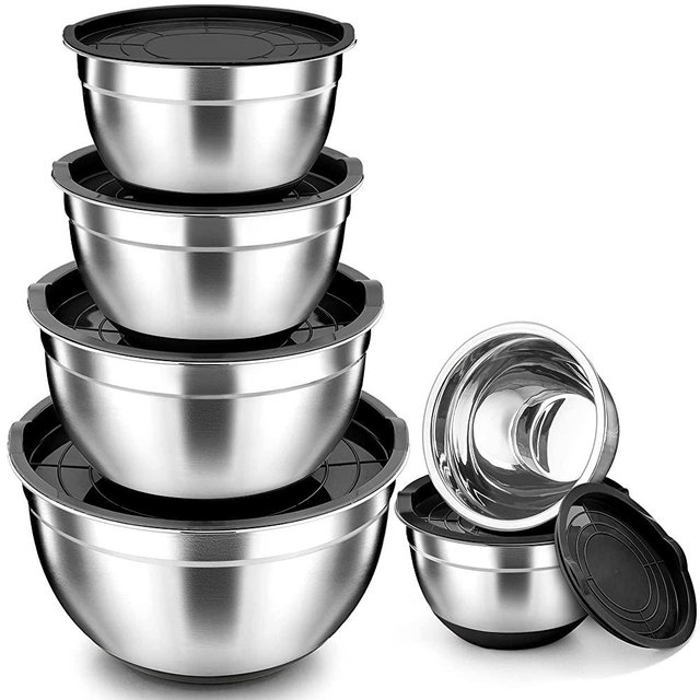 TeamFar Mixing Bowls, Black Mixing Bowls with Lids Set, Stainless Steel Nesting Salad Bowl with Air-tight Lid & Silicone Bottom, Non Slip & Stackable - Set of 6 - 4.6 / 2.6 / 2 / 1.5 / 1 / 0.7 Qt