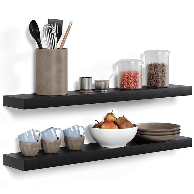 Homeforia Black Floating Shelves 36 Inches Long, Premium Solid Wood, Long Black Floating Shelves for Living Room, Heavy Duty Bracket, 36 x 6.5 x 1.75 inch, Set of 2