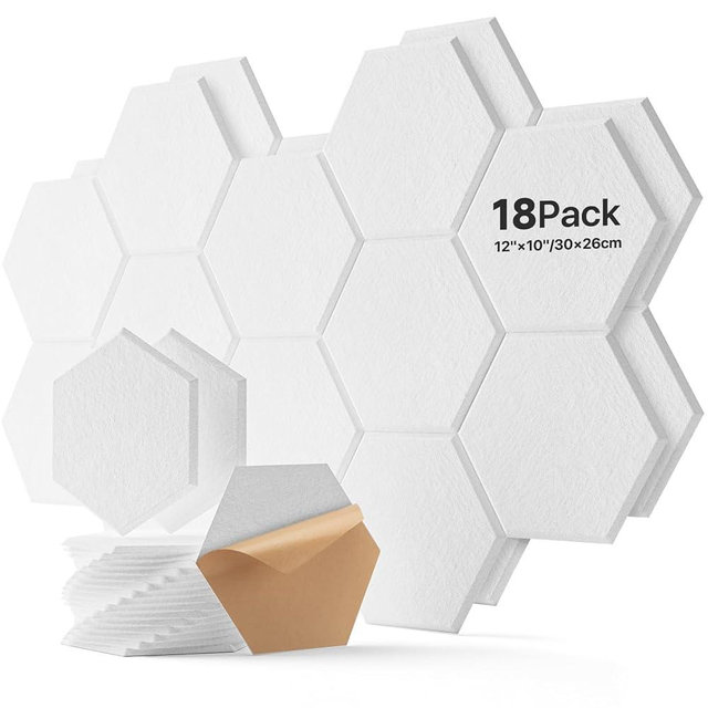 18 Pack Hexagon Acoustic Panels, Self-Adhesive Soundproof Wall Panels, High Density Acoustic Wall Panels, Sound Proofing Panels for Walls, Office, Reccording Studio, Ceiling 12" X 10" X 0.4" White