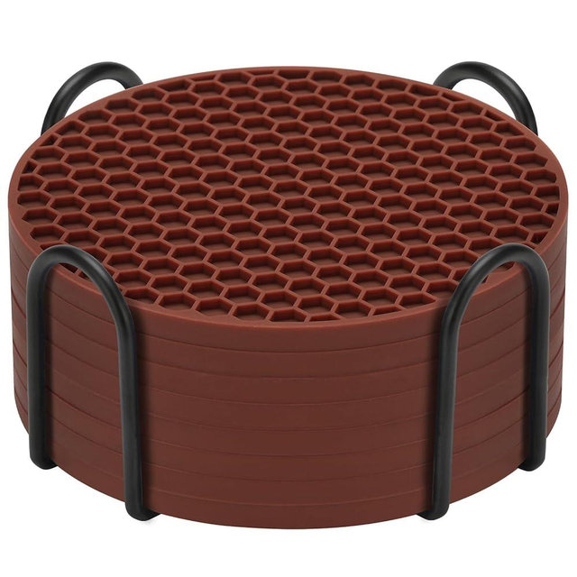Silicone Coaster Set of 8 with Holder, Drinks Coasters, Beer & Coffee, Anti-Slip, Non-Stick, Anti-Overflow Tabletop Protection and Decor (8 Pcs, Brown)