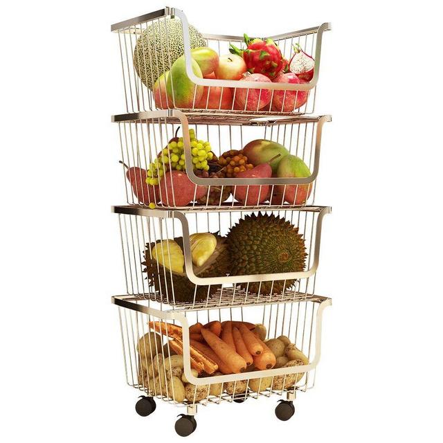 4 Layer Metal Kitchen Storage Organizer Rack Stackable Fruit Vegetable Basket Floor Standing Utility Trolley Cart Shelf for Kitchenware, Household Items, Food, Snacks, Bottles, Toys, Toiletries Holder