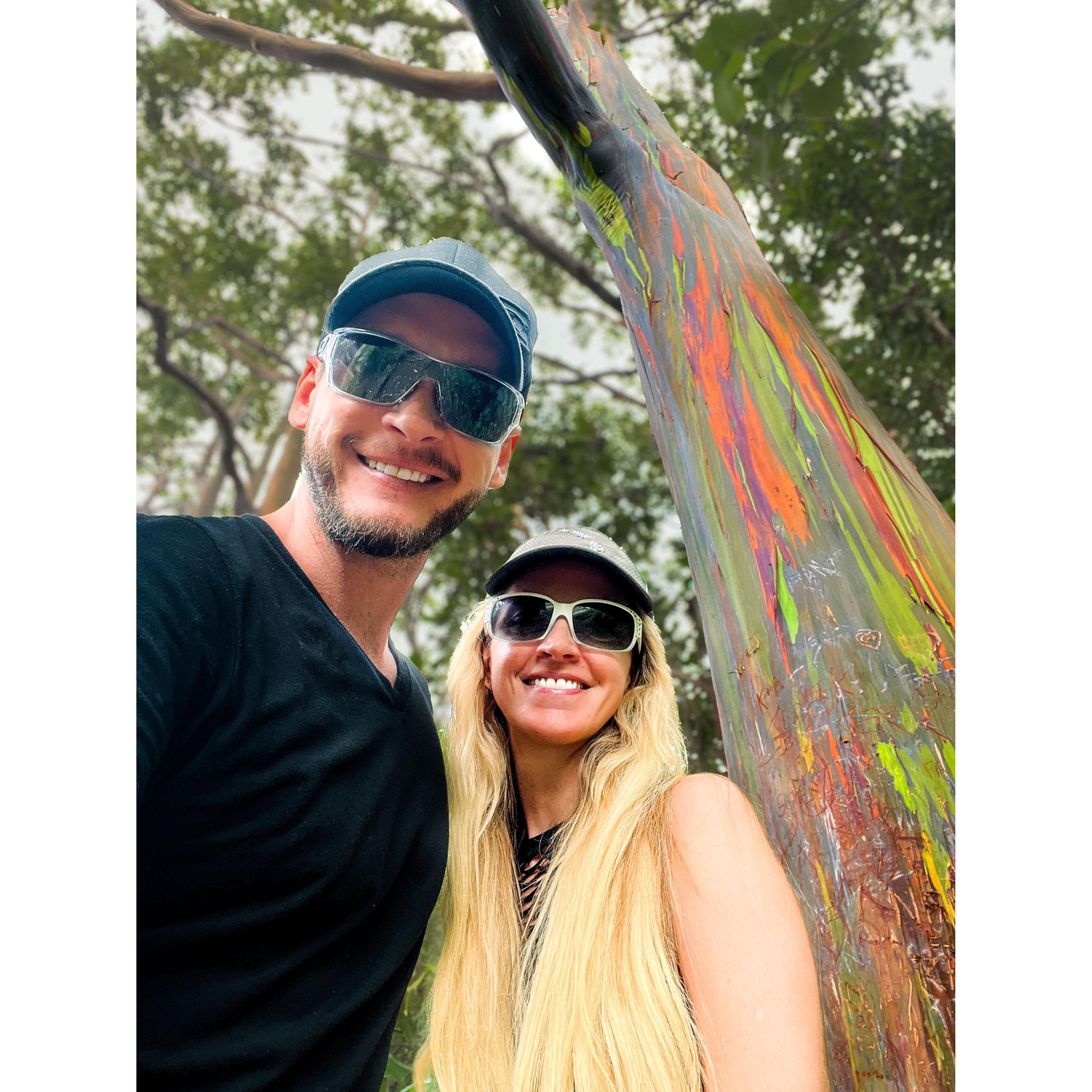 Joey and Laura standing in front of rainbow eucalyptus trees on the island of Maui in Hawaii