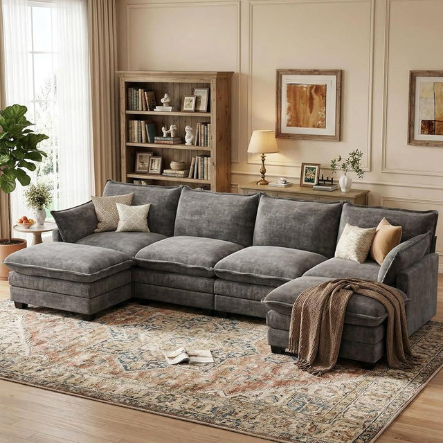 OhaiAura U Shaped Modular Sectional Sofa, Cloud Couch with Movable Ottoman, Comfy Chenille Sofa with Pillows for Living Room, Bedroom, Apartment, Dark Gray