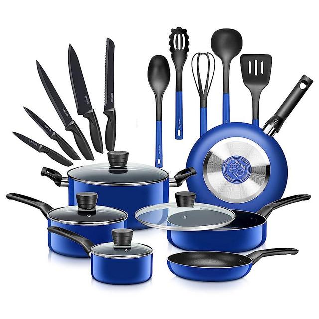 SereneLife Kitchenware Pots & Pans Basic Kitchen Cookware, Black Non-Stick Coating Inside, Heat Resistant Lacquer (20-Piece Set), One Size, Blue