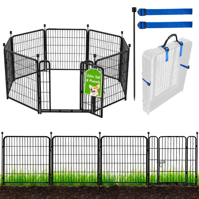 ADAVIN 32 in(H) Garden Fences and Borders,1 Gate+7 Panels Dog Fence Outdoor for Yard, Heavy Duty Iron Metal Animal Barrier Fence, Portable Fence, Flower Garden Fencing,Total 17.7 Ft(L), Black
