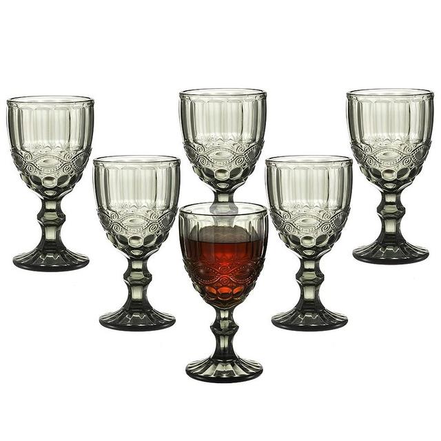 Vintage Wine Glasses Set of 6, 10 Oz Colored Glass Water Goblets, Unique Embossed Pattern Stemmed Glassware High Clear Beverage Drinking Cups for Wedding Party Kitchen Bar Daily Use