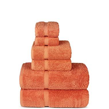 Luxury Spa and Hotel Quality Premium Turkish Cotton 6-Piece Towel Set (2 x Bath Towels, 2 x Hand Towels, 2 x Washcloths, Coral)