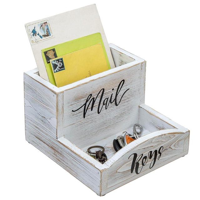 MyGift Shabby Whitewashed Solid Wood Mail Holder and Key Organizer Entryway Storage Tray with Cursive Mail and Keys Word Design, Office Desktop Organizing Bin