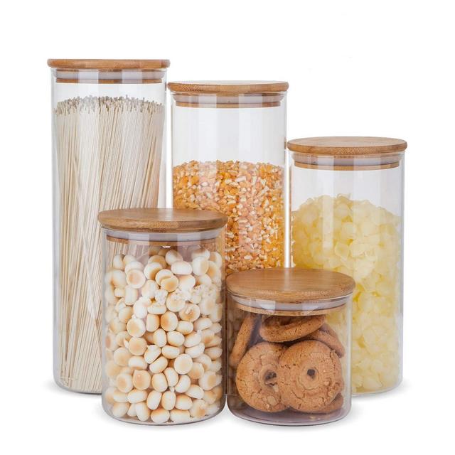 Glass Food Storage Containers Set with Bamboo Wooden Lids - Set of 5