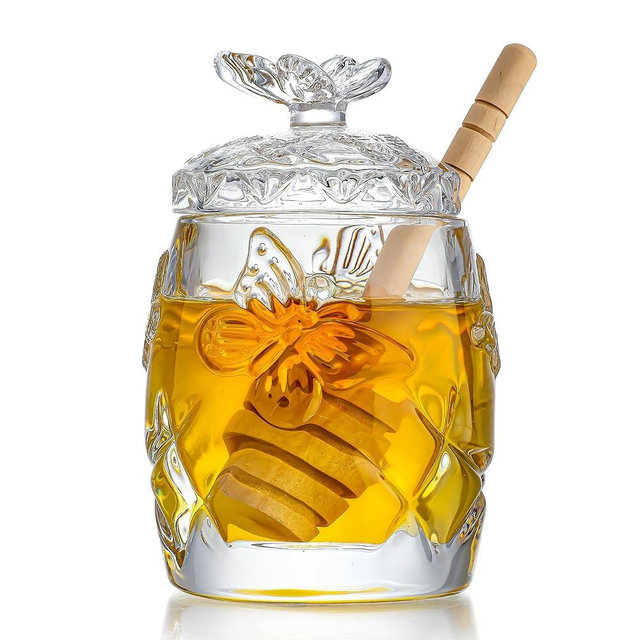 kanpura Clear Crystal Honey Jar with Dipper and Lid, Honey Bee Pot, 4.5oz Glass Honey Pot for Home Kitchen