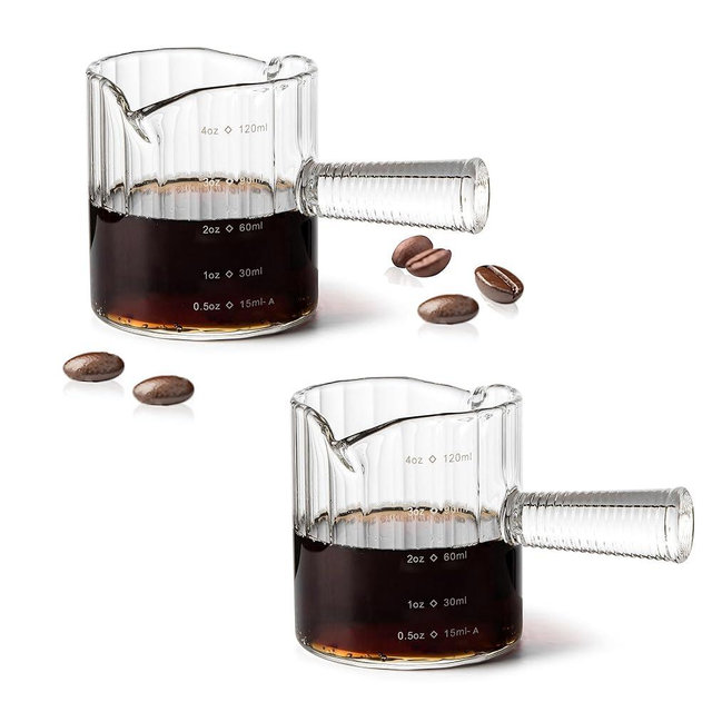 Steviieden Espresso Cups Set of 2, 4 OZ Glass Double Spouts Shot Glasses Cups, Milk Cup with Glass Handle for Dishwasher Safe, Espresso Accessories