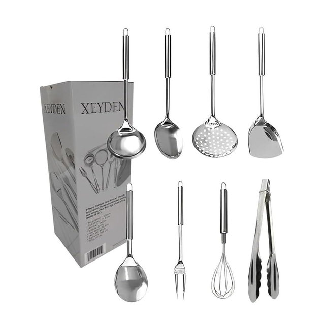 XEYDEN 8-Piece Stainless Steel Kitchen Cooking Utensil Set, Soup Spoon, Rice Spoon, Meat Fork, Egg Whisk, Skimmer, Spatula, Flat Spoon, Tongs, Large Standard, Gray