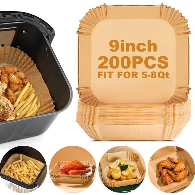 Air Fryer Paper Liners Disposable: 200pcs 9 Inch Parchment Paper Sheets Square, Non-stick Airfryer Basket Paper Liners for Baking Roasting Microwave
