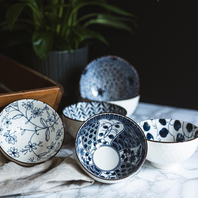 Set of 6 Blue Japanese Chinese Style Rice Bowl Gift Set