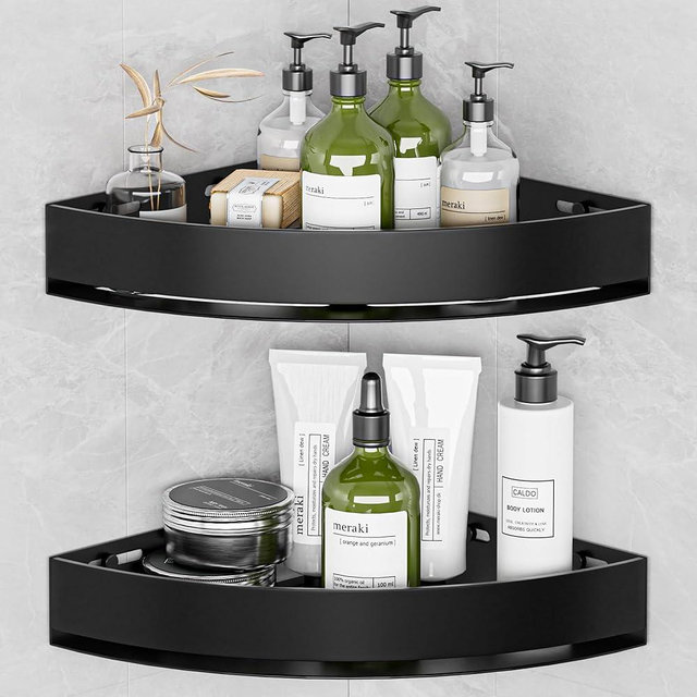 Wisfame Black Corner Shower Caddy - Rustproof Aluminium Triangle Shower Shelf - No Drill & Drill Installation - 2 Bathroom Shelves Wall Mounted (20LB Capacity/Tier)