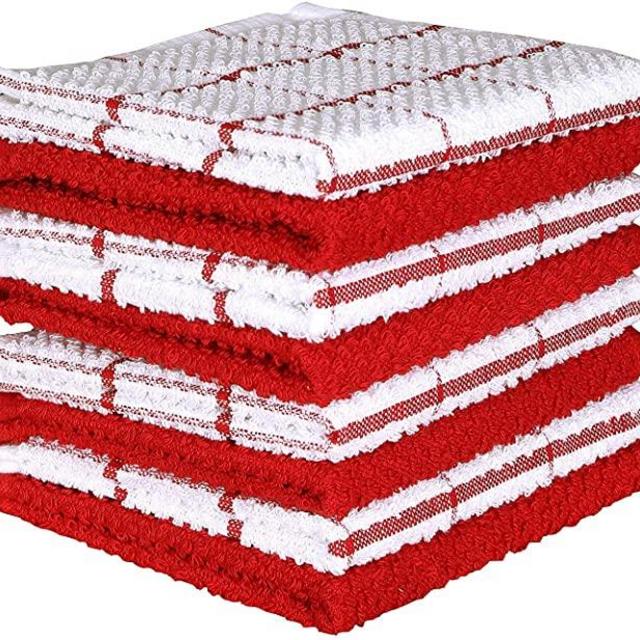 AMOUR INFINI Cotton Terry Kitchen Dish Cloths | Set of 8 | 12 x 12 Inches | Red