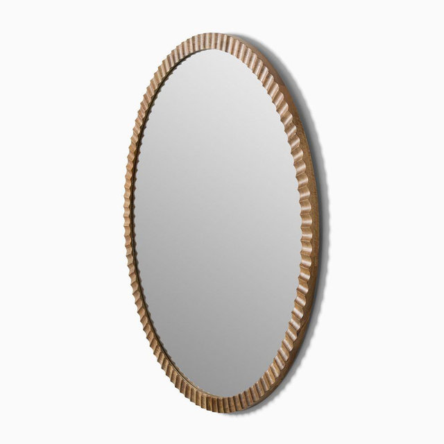 Frida Fluted Wood Wall Mirror Round, Burnt Wax, 36" Round