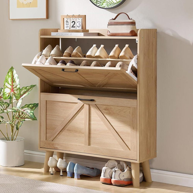 LEYAOYAO Shoe Storage Cabinet with 2 Flip Drawers，Narrow Shoe Storage Cabinet Organizer with Legs for Entryway Hallway, Living Room, Bedroom，Hidden Slim Storage Narrow Shoe Rack Cabinet,Natural