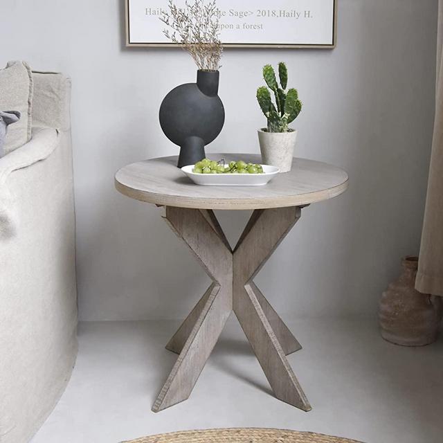 LONYKE Round Farmhouse End Table, French Country Accent Side Table with Cross Leg for Family, Dinning or Living Room, Small Spaces, Modern, Round, Vintage Grey Finish