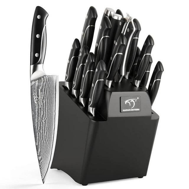 18 Pieces Damascus Kitchen Knife Set, 8 Piece Steak Knives, Non-slip ABS Ergonomic Triple Rivet Handle for Meat Fork, Knife Sharpener and Kitchen Shears, 17 Slots Wooden Knife Block, NF-D0603T-18B