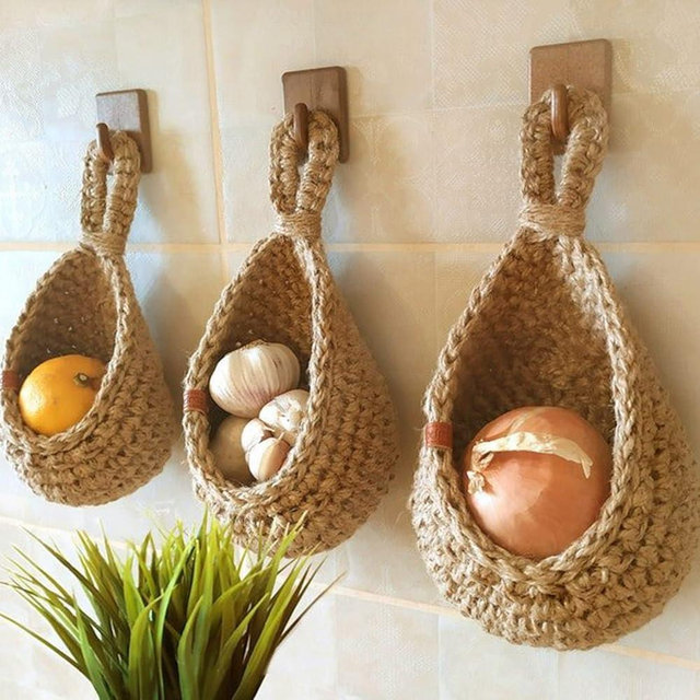 Hanging Fruit Baskets for Kitchen, 1 Pack Boho Wall Hanging Basket, Fruit Basket For Kitchen Counter, Handwoven Hanging Holder, Basket for Vegetable Potato Onion Storage, Wall Basket (Medium)