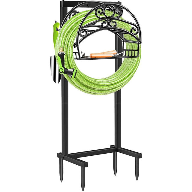 TomCare Garden Hose Holder Upgraded Water Hose Holder with Storage Basket Heavy Duty 4 Spikes Hose Hanger Stable Freestanding Hose Storage Organizer for Outside Yard