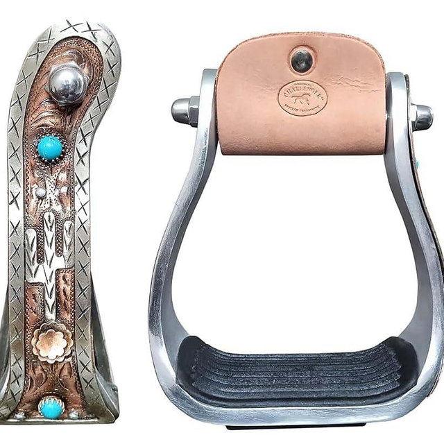 CHALLENGER Western Cactus Turquoise Stone Engraved Barrel Racing Aluminum Saddle Show Stirrups 51254